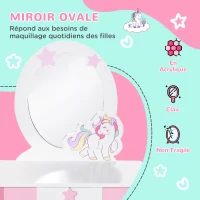 HOMCOM Coiffeuse Enfant Design Licorne - Tabouret Inclus - dim. 49L x 34l x 90H cm - tiroir, Miroir - MDF - Rose Blanc(m-6)