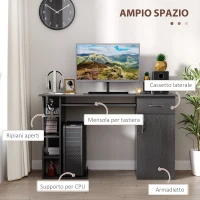 HOMCOM Scrivania per Computer PC Ergonomica, Scrivania da Ufficio con Mensole, Armadietto, Cassetto e Piano Tastiera Estraibile, Nera, 120x60x74cm(m-4)