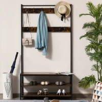 HOMCOM Garderobenständer mit 12 Haken und Schuhregal Kleiderständer Wandgarderobe Stahl Braun+Schwarz 100 x 40 x 184 cm(m-7)