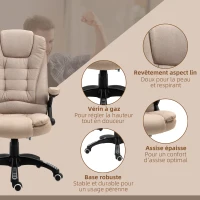 Vinsetto Fauteuil de bureau massant et chauffant, chaise de bureau, chaise ergonomique avec hauteur réglable, dossier inclinable et télécommande filaire, pivotant à 360° tissu en polyester beige(m-9)
