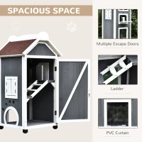 PawHut Wooden Cat House, Weatherproof Pet Shelter, Outdoor Cat Condos Cave, 2 Floor Furniture, Grey and White(m-7)