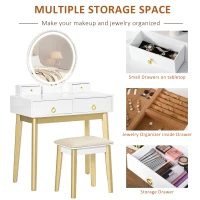 HOMCOM Dressing Table Set with Mirror, Built-in 3 Color LED Light, Vanity Makeup Table with 4 Drawers and Cushioned Stool for Bedroom, White(m-6)