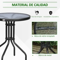 Outsunny Mesa de Jardín Redonda con Encimera de Vidrio Templado Decorativa y Marco de Metal para Patio Terraza Balcón Comedor Ø60x70 cm Negro(m-4)