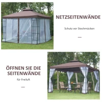 Outsunny Pavillon Gartenpavillon mit Moskitonetze Seitenwände, Partyzelt mit Doppeldach, Gartenzelt Festzelt 2,97x2,97m(m-6)