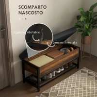 HOMCOM Panca Scarpiera da Ingresso Industriale con Ripiano Nascosto, in Truciolato e Acciaio, 100x40x50 cm, Marrone e Nero(m-4)