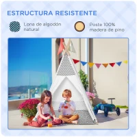 HOMCOM Tienda de Campaña para Niños de +3 Años Tipi Infantil de Madera Portátil con Ventana Colchoneta y Bolsa de Transporte para Interiores y Exteriores 120x120x155 cm Gris(m-7)