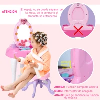 HOMCOM Tocador de Juguete para +3 Años con 16 Accesorios Función de Música y Luces Mesa de Tocador con Taburete Espejo 36x20x59,5 cm Rosa(m-6)