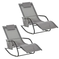 Outsunny 2PCs Outdoor Garden Rocking Chair, Patio Sun Lounger Rocker Chair with Breathable Mesh Fabric, Removable Headrest Pillow, Armrest, Side Storage Bag, Grey(m-1)