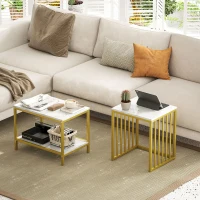 HOMCOM Modern Coffee Table Set of Two, Marble-Effect Nesting Side Tables with Steel Frame for Living Room, Gold Tone(m-10)