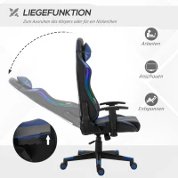 Vinsetto Bürostuhl LED Gaming Stuhl mit Armlehne, hoher Rückenlehne und Kissen ergonomischer Drehstuhl mit Liegefunktion Handlauf anhebbar Kunstleder Nylon Schwarz+Blau 70 x 57,5 x 126-136 cm(m-5)
