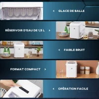 HOMCOM Machine à glaçon portative capacité réservoir eau 1,5 L autonettoyante pelle à glace et panier inclus jusqu'à 12kg/24h PP acier blanc(m-8)