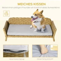 PawHut Rattan Hundesofa Hundekorb Hundebett mit Kissen Katzenbett Katzensofa Geflochtenes Haustiersofa für kleine und mittelgroße Hunde erhöhtes Design wetterbeständig Gelb 84 x 53 x 25 cm(m-5)