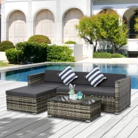 Outsunny Set Mobili da Giardino da 5 Pezzi, Divanetto per Esterni con Pouf e Tavolino in Rattan PE, Grigio(m-2)