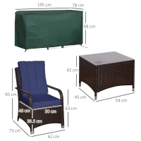 Outsunny 3 Pieces Rattan Bistro Set with Furniture Cover, Wicker Garden Furniture Set, Glass Top Coffee Table and Chairs with Cushions for Outdoor, Patio, Balcony, Dark Blue(m-3)