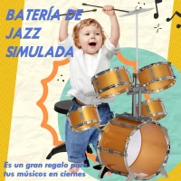 AIYAPLAY Batería para Niños de +3 Años con Taburete Tambores Bombo Platillo Pedal y Baquetas 65x36x76 cm Dorado(m-6)
