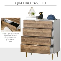 HOMCOM Cassettiera 4 Cassetti con Maniglie e Piedini, Arredamento Moderno Casa in Legno 80x40x93.5cm Bianco e Noce(m-4)