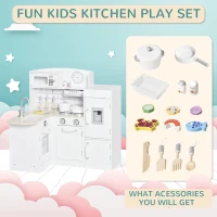 HOMCOM Kids Play Kitchen Wooden Toy Kitchen Cooking Set for Children with Drinking Fountain, Microwave, and Fridge White(m-5)