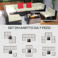 Outsunny Salotto da Giardino in Rattan da 7 Pezzi con Tavolino e Divano Modulabile con Cuscini, Crema(m-6)