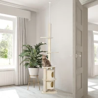 PawHut Arbre à Chat Poteau à griffer Hauteur réglable dim. 45L x 45I x 240-260H cm 2 niches 2 plateformes beige(m-2)