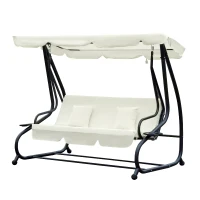 Outsunny Dondolo da Giardino 3 Posti Convertibile in Letto con Tetto Regolabile e Portabicchieri, Dondolo da Esterno in Acciaio e Poliestere, 200x120x164 cm, Crema(m-10)