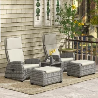 Outsunny 5-Piece Rattan Patio Reclining Chair Set with Footstools, Coffee Table, Cushions, for Outdoor Garden, Grey(m-10)