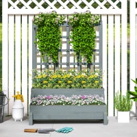 Outsunny 2-Tier Raised Garden Bed with Trellis, Wooden Elevated Planter Box with Drainage Holes, Outdoor Raised Planter for Climbing Plants, Fruits, Vegetables, Flowers, Grey(m-8)