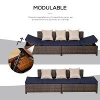 Outsunny Canapé lit de jardin 3 places inclinable latéralement matelas et coussins inclus résine tressée imitation rotin chocolat(m-6)