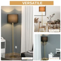 HOMCOM Lampada a Piantana da Terra con Paralume in Stoffa, Lampada da Terra Moderna per Soggiorno, Camera da Letto e Ufficio, Nero e Oro(m-6)