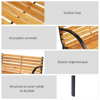 Outsunny Banc de Jardin 2 Places Style Rural Chic Assise Dossier à Lattes Bois Naturel lasuré châssis Acier époxy Noir(m-4)