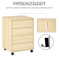 HOMCOM Rollcontainer Aktenschrank, 4 Schubladen, 4 Rollen, MDF Holz, 46 cm x 40 cm x 65 cm, Natur(m-6)