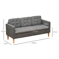HOMCOM Modern 3 Seater Sofa with Hidden Storage, 169cm Tufted Cotton Couch with Wood Legs, Compact Sofa for Living Room, Grey(m-3)