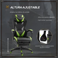 Vinsetto Silla Gaming Ergonómica Silla de Escritorio para Oficina con Altura Ajustable Respaldo Regulable de 170° Almohada Lumbar y Reposapiés Retráctil 65x70x117-125 cm Verde(m-4)