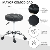 HOMCOM Taburete Giratorio con Ruedas Regulable en Altura de 48-63 cm Taburete de Trabajo Tapizado en Cuero PU para Peluquería Cosmética Dentista Diámetro Ø35,5 cm Negro(m-5)