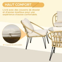 Outsunny Ensemble salon de jardin 5 pièces avec 4 fauteuils et 1 table basse ronde style bohème 8 coussins résine tressée(m-4)