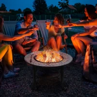 Outsunny 3-in-1 Outdoor Fire Pit on Wheels, Mosaic Garden Table, Patio Heater with Cooking BBQ Grill, Firepit Bowl with Screen Cover, Fire Poker for Backyard Bonfire(m-10)