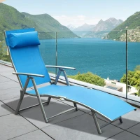 Outsunny Sun Lounger Steel Frame Outdoor Folding Chaise Texteline Lounge Chair Recliner with Headrest & 7 Levels Adjustable Backrest, Blue(m-10)
