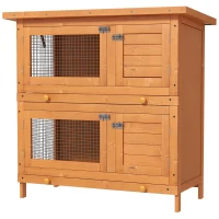 PawHut Conejera de Madera Exterior de 2 Niveles Jaula para 1-2 Conejos Mascotas Pequeñas con Techo Asfáltico Abrible y 2 Bandejas Extraíbles 90x45x90 cm Madera Natural(m-10)
