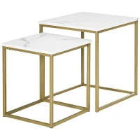 HOMCOM Lot de 2 tables basses gigognes carrées style art déco - acier doré panneaux aspect marbre blanc(m-10)