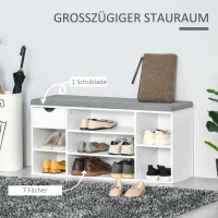 HOMCOM Schuhbank Sitzbank Sitztruhe mit Ablagen Kissen Schublade Eingangsbereich großer Lagerraum verstellbar Spanplatte Schaumstoff Leinenartiges Polyester Weiß+Grau 101 x 29 x 47,5 cm(m-4)