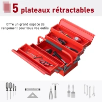 DURHAND Boite à outils métallique - coffret à outils - caisse à outils 3 niveaux 5 plateaux rétractables - tôle acier rouge(m-5)