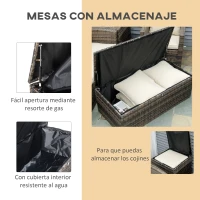 Outsunny Conjunto de Muebles de Jardín de Ratán 6 Piezas Sofá Doble Sofá de 3 Plazas 2 Sillones Individuales 2 Mesas Auxiliares con Almacenamiento y Cojines Acolchados para Exterior Marrón y Crema(m-7)