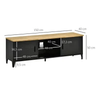 HOMCOM Meuble TV Banc TV pour téléviseurs de 55'' avec 2 Placards Pieds Réglables Cadre métalique noir Plateau en Bois Naturel 150 x 40 x 50 cm(m-3)