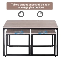 HOMCOM Lot de 3 tables basses gigognes design industriel encastrable dim. grande table 90L x 45l x 50H cm métal noir MDF chêne clair(m-4)