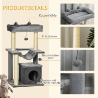 PawHut Katzenbaum 90 cm Kratzbaum mit Hängematte Spielbaum Katzenhöhle Plattformen Kletterbaum Katzenkratzbaum Aktivitätskratzbäum Plüsch Sisal Grau(m-7)