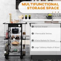 HOMCOM Servierwagen auf Rollen, Küchenwagen mit Arbeitsplatte und Gewürzregal, Rollwagen, Küchentrolley, Kieferholz, Schwarz, 57 x 37 x 83 cm(m-4)