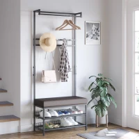 HOMCOM Perchero Metálico de Pie con Asiento Acolchado Estante para Zapatos y Colgador de Ropa para Entrada 72.5x35x180cm Negro(m-6)