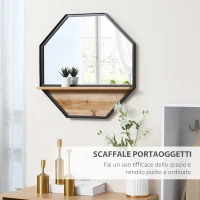 HOMCOM Specchio da Parete Ottagonale in Metallo con Mensola in Legno, 61x61cm Nero(m-5)