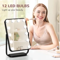HOMCOM Hollywood Makeup Mirror with LED Lights, Tabletop Vanity Mirror with 12 Dimmable LED Bulbs, Memory Function and Metal Frame, Black(m-4)
