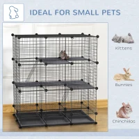 PawHut Jaula para Animales Pequeños Parque Modulable y Desmontable con 4 Puertas 6 Bandejas Extraíbles 111x75x119 cm Negro(m-8)