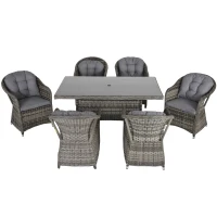 Outsunny 7Pz Set Tavolo e Sedie da Giardino in Rattan con Vetro Temperato da 5mm, Salottino di Lusso da Giardino con Foro per Ombrellone, Grigio(m-10)